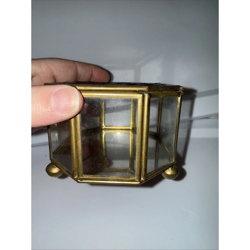 Vtg Walmart Glass & Brass Trinket Jewelry Box Mirror Bottom Painted Butterfly